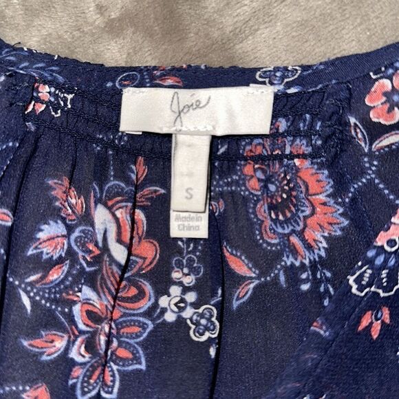 Joie S Navy Floral Silk Romantic Button Front Ruched Back Long Sleeve Blouse - Picture 10 of 12